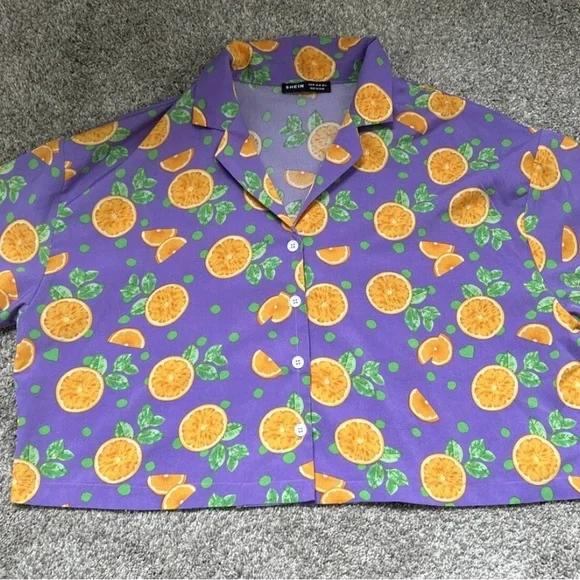 Orange Pattern Short Sleeve Crop Top Button Down Shirt Women’s Size Medium - Picture 2 of 8